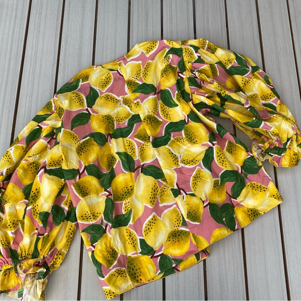 FARM Rio Yellow Pink Lemon Print Puff Sleeve Blouse - Picture 2 of 5